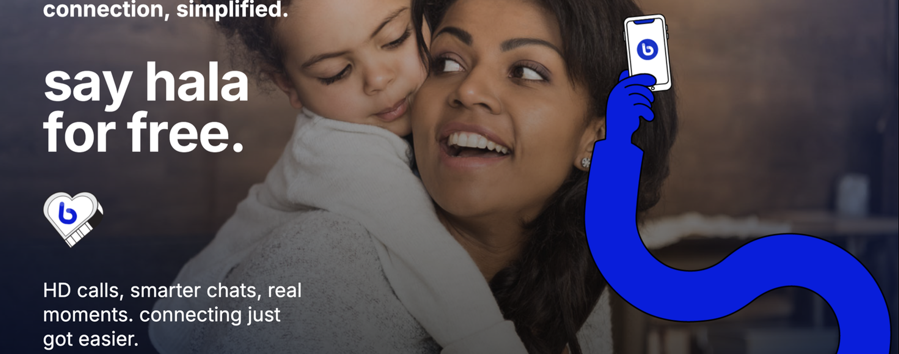 A smiling woman holds a child on her shoulder while looking at her phone, next to the text 'say hala for free' and the Botim logo.