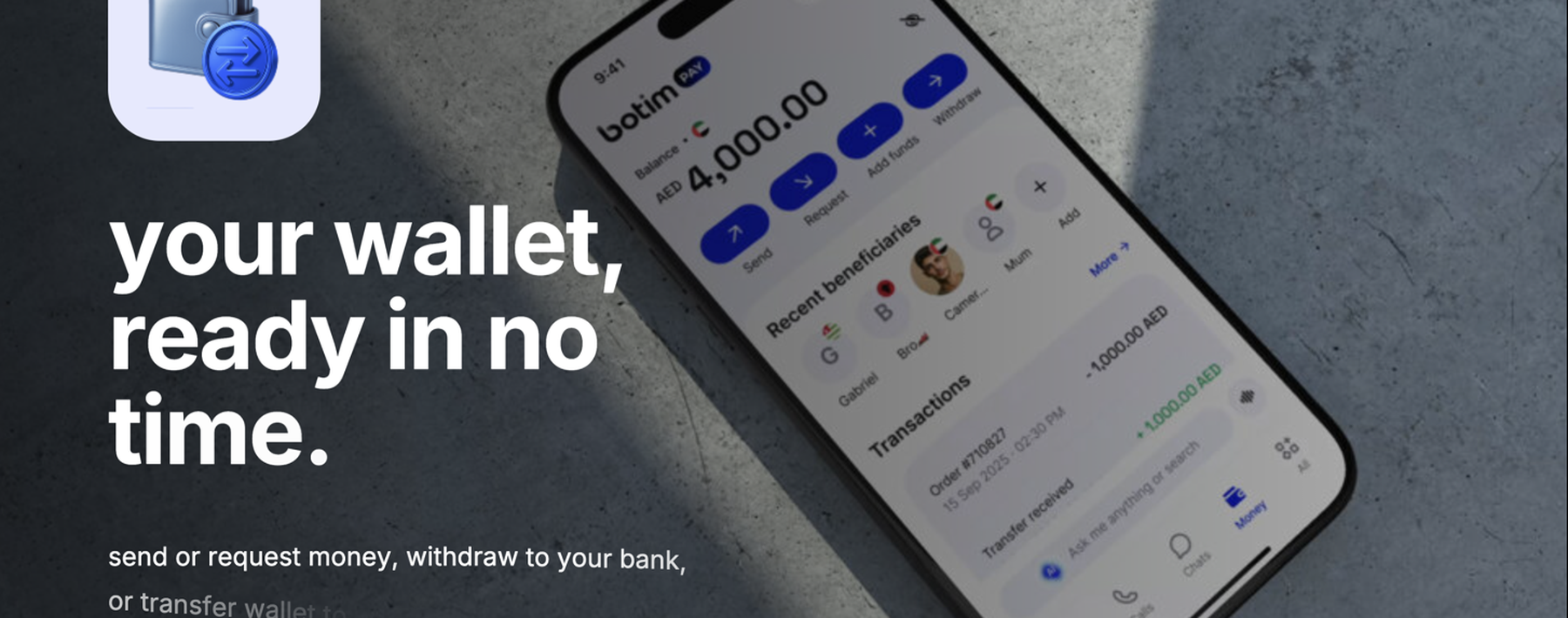 A hand holds a phone showing the Botim wallet with a balance of AED 4,000, beside the text 'your wallet, ready in no time.'