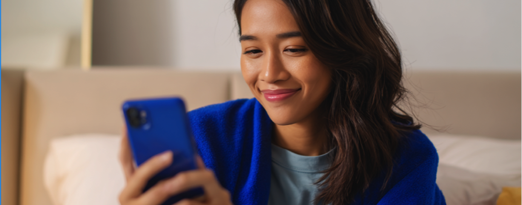 A smiling woman in a blue top relaxes on a bed while looking at her phone.
