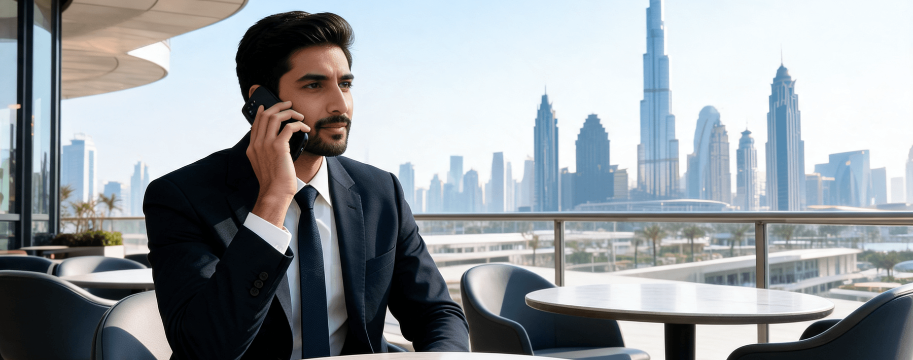A man in a suit takes a phone call on an open-air Dubai balcony, with the Burj Khalifa and city skyline behind him.