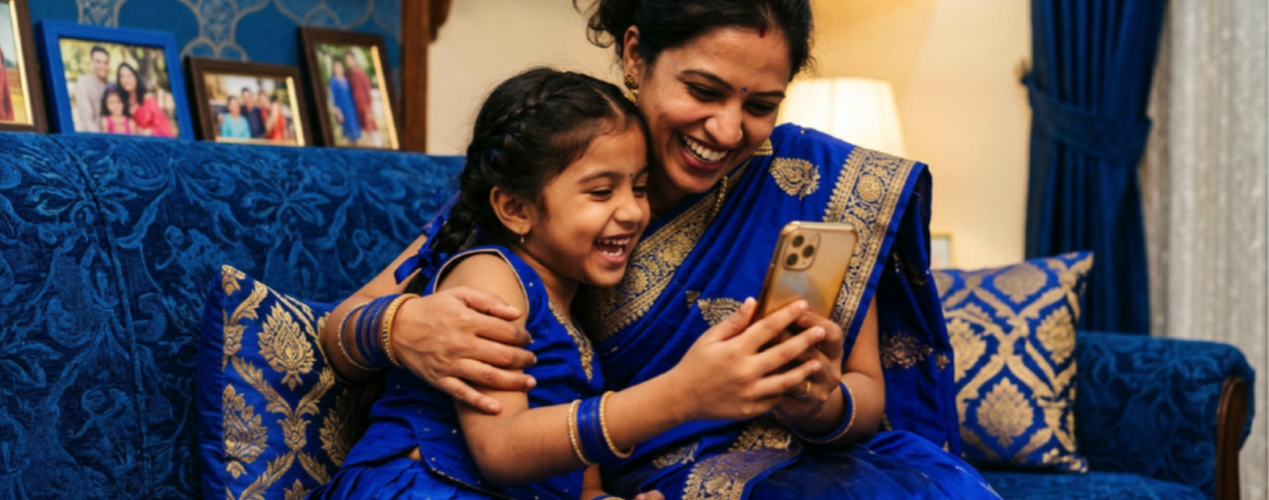 A mother and daughter in blue traditional Indian dress smile at a phone while sitting on a sofa at home.